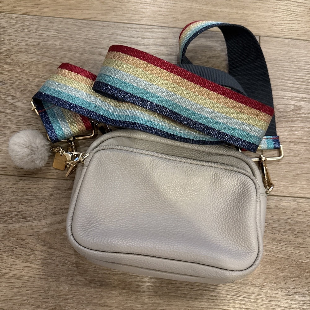 Pom Pom London Beige Crossbody Bag 50 In Adjustable Rainbow Strap Two Zip Pocket